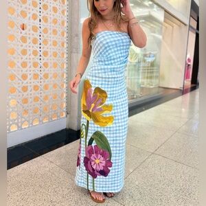 FARM Rio Blue Strapless Dress with Floral Design Size S